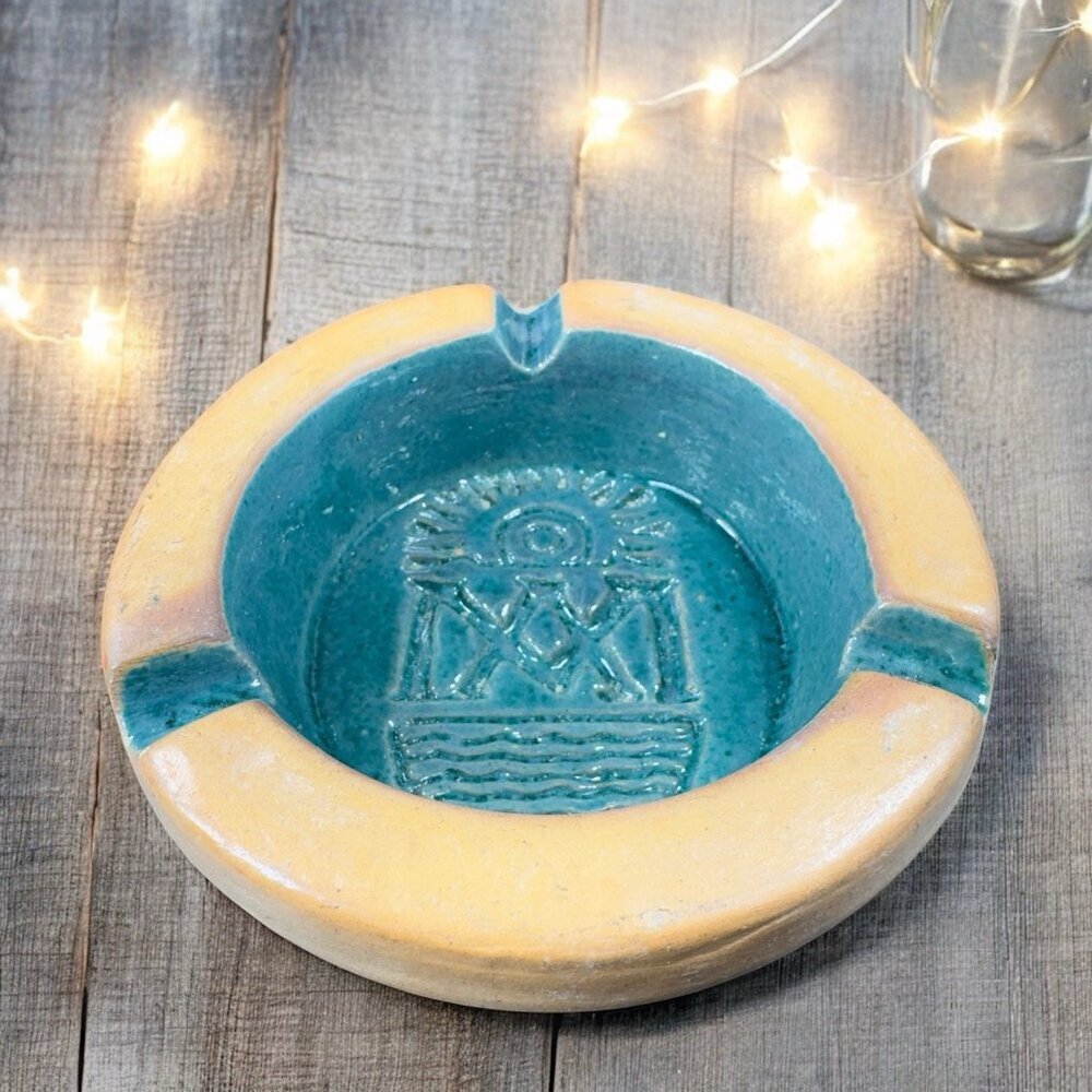 Vintage Mexican Pottery Ashtray Dish Green Teal Aztec Clay Hand‎ Made Decor Dish